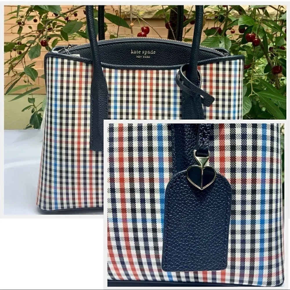 KATE SPADE MARGAUX MEDIUM SATCHEL HANDBAG IN BLUE RED BLACK PLAID + LEATHER TRIM
